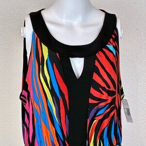 New Directions Maxi Sleeveless Dress Sz L‎ Multi Color High Neck Stretch 70s NWT